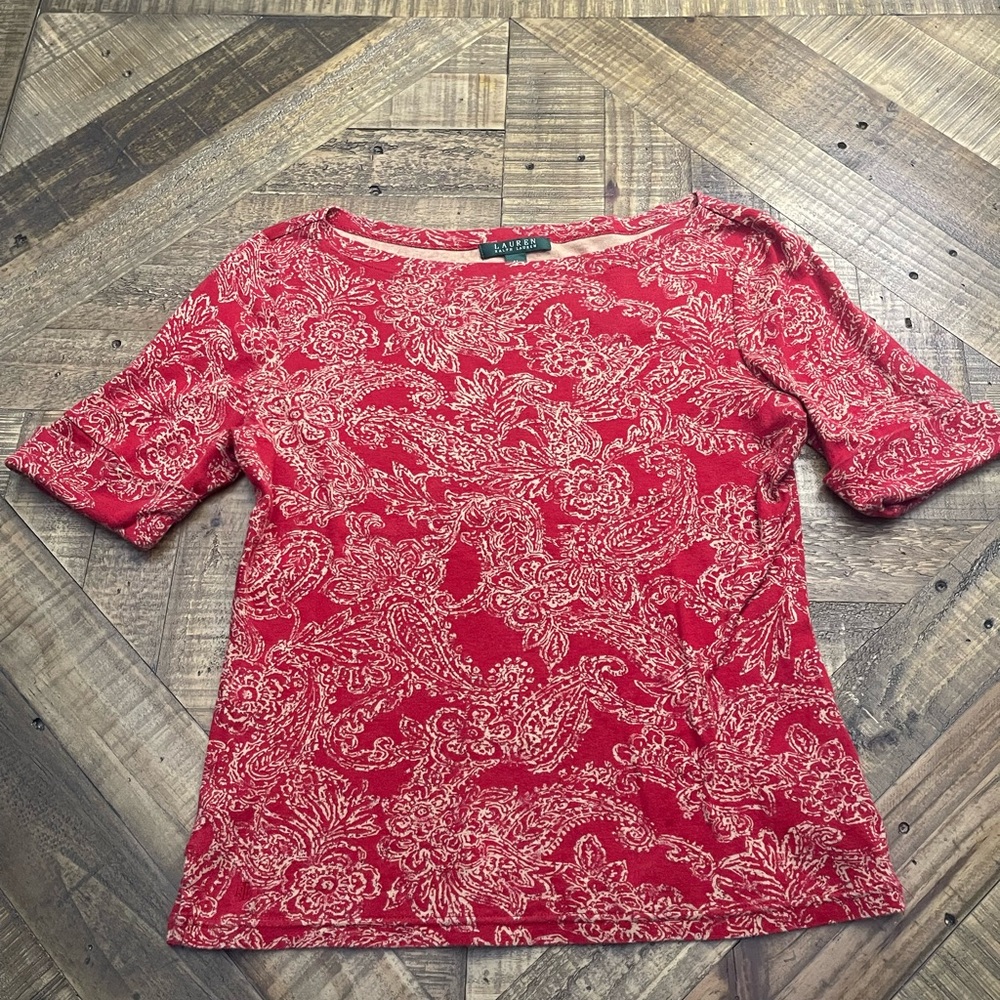 Lauren Ralph Lauren Red White Paisley Floral Boat Neck Cotton Top Size M